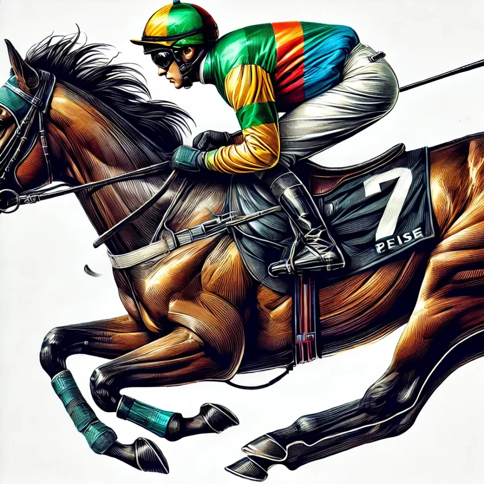 DALL·E 2024-09-04 16.41.26 - A detailed and dynamic image of a horse jockey in a racing uniform. The jockey should be depicted mid-race, with a focus on movement and speed. The un